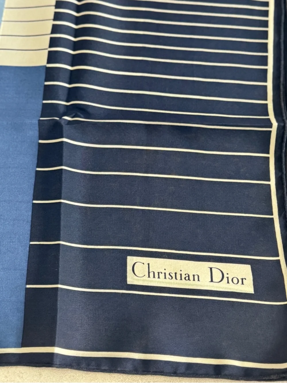 Dior Navy Blue, Light Blue & Green Striped Silk Scarf - Picture 2 of 8